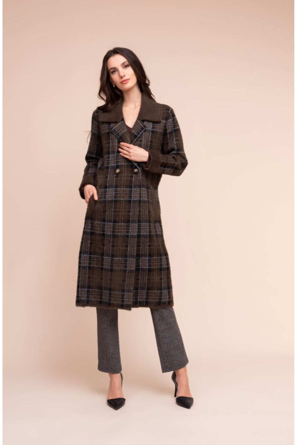 Alison Sheri A48295 brown check knitted jacket – view 2. Shop Alison Sheri at Dotique.