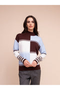 Alison Sheri A48297 blue and brown geometric knit top. Shop Alison Sheri at Dotique.