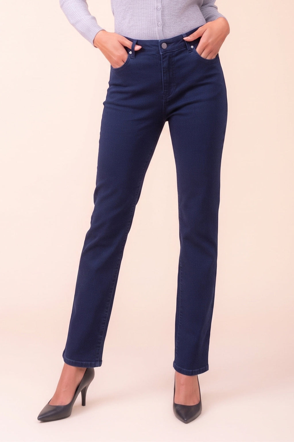 Alison Sheri PAS2403 navy straight-leg stretch trousers – view 1. Shop Alison Sheri at Dotique.