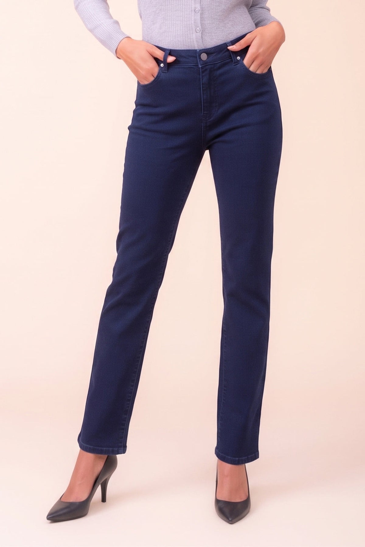 Alison Sheri PAS2403 navy straight-leg stretch trousers – view 1. Shop Alison Sheri at Dotique.