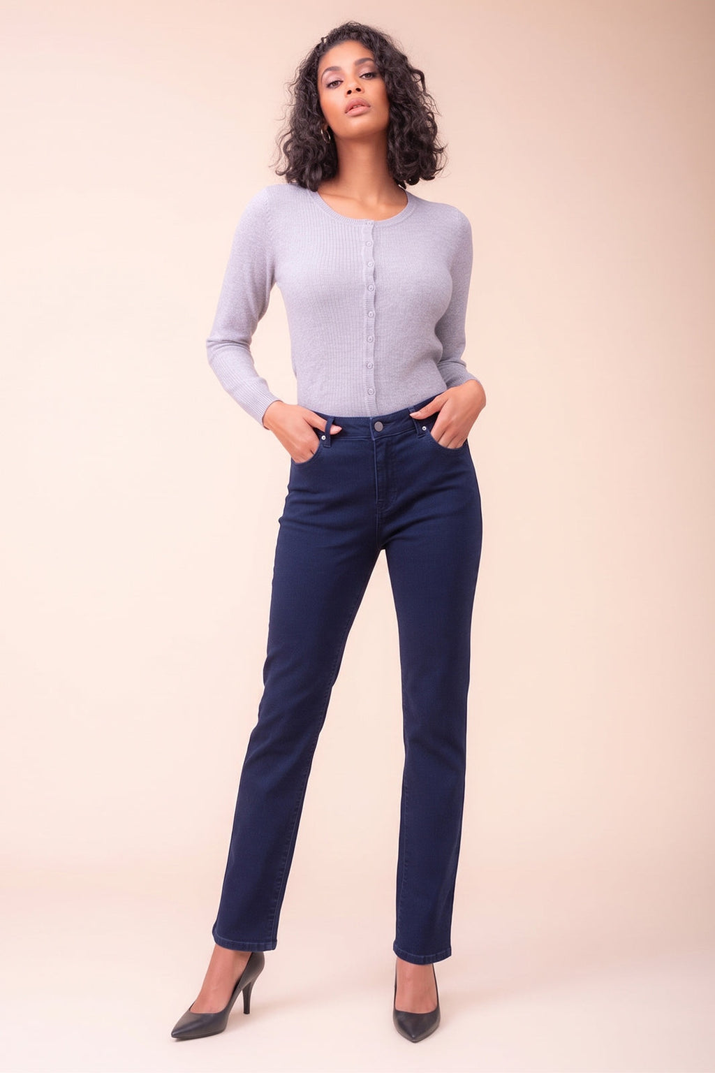 Alison Sheri PAS2403 navy straight-leg stretch trousers – view 2. Shop Alison Sheri at Dotique.