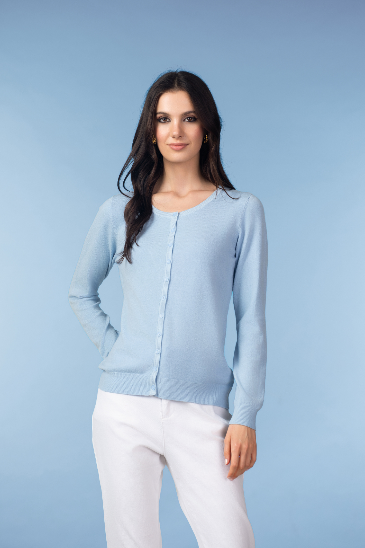 Alison Sheri YRE701 Blue Button-Through Knit Cardigan worn by model, shop Alison Sheri at Dotique
