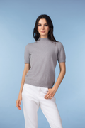 Alison Sheri YRE702 Silver Short Sleeve Knit Top styled on model, shop Alison Sheri at Dotique for modern essentials