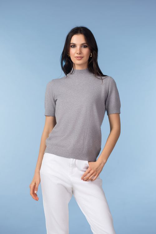 Alison Sheri YRE702 Silver Short Sleeve Knit Top styled on model, shop Alison Sheri at Dotique for modern essentials