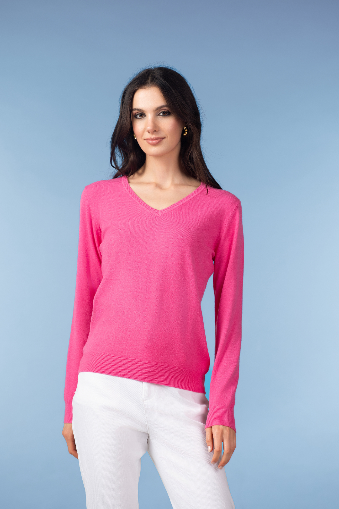 Alison Sheri YRE703 Fuchsia V-Neck Knit Jumper worn by model, shop Alison Sheri at Dotique for vibrant knitwear