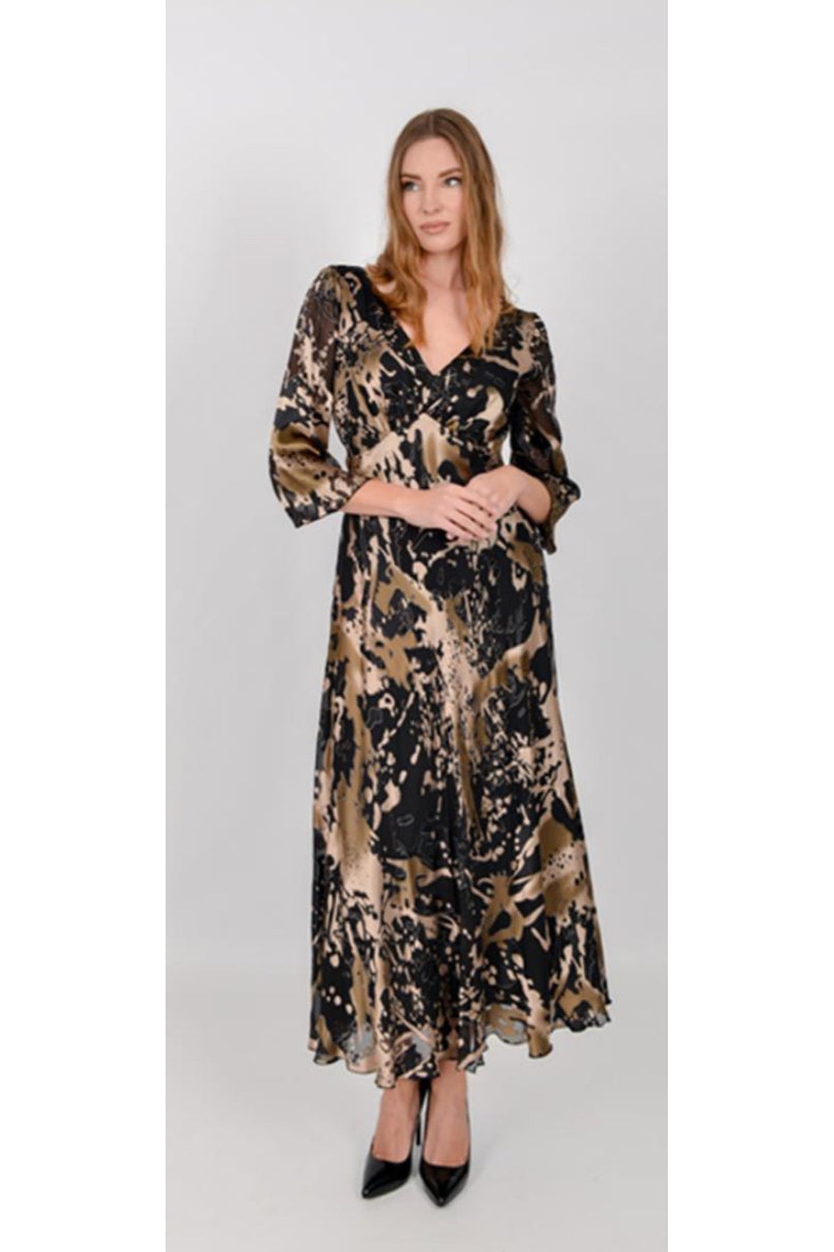 Allison 61197 black and gold silk maxi dress – view 1. Shop Allison at Dotique.