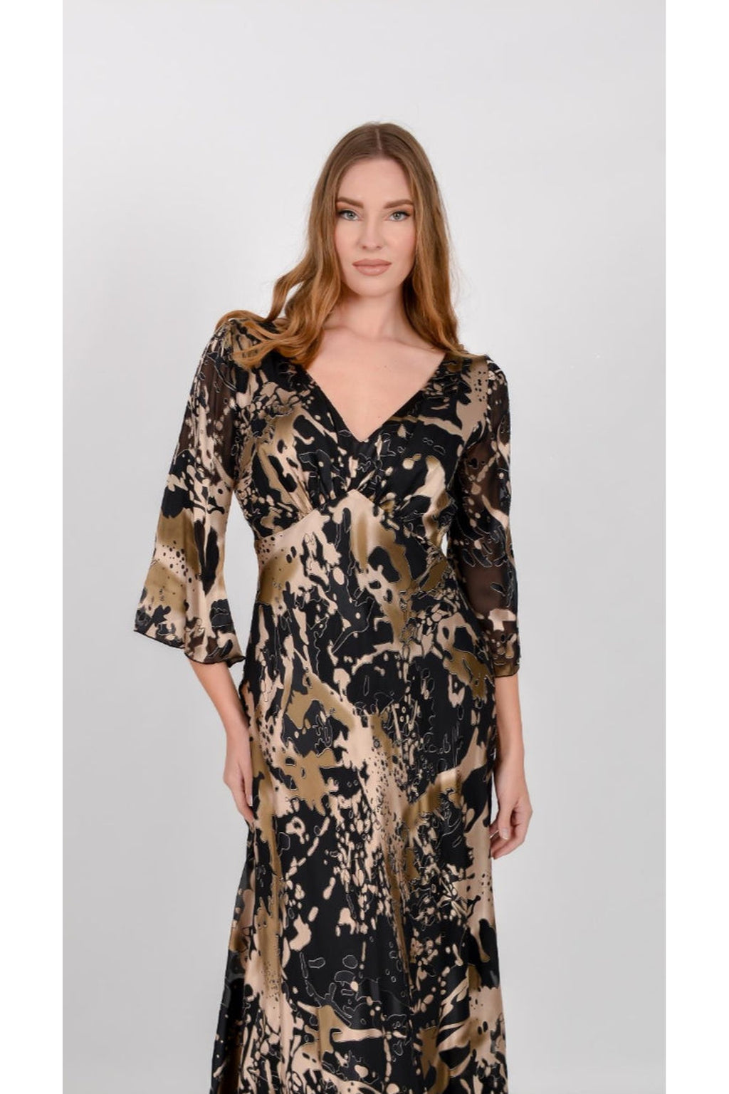 Allison 61197 black and gold silk maxi dress – view 2. Shop Allison at Dotique.