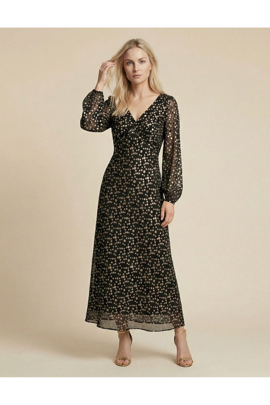 Allison 61323 black and gold spotted silk maxi dress – view 1. Shop Allison at Dotique.
