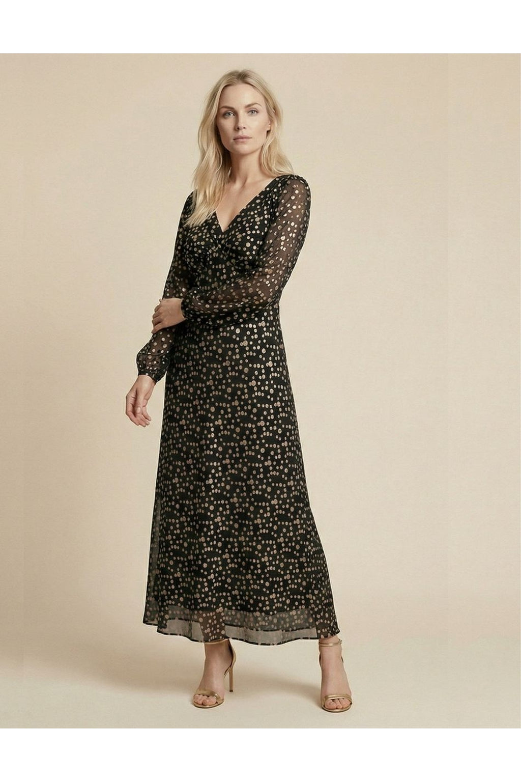Allison 61323 black and gold spotted silk maxi dress – view 2. Shop Allison at Dotique.