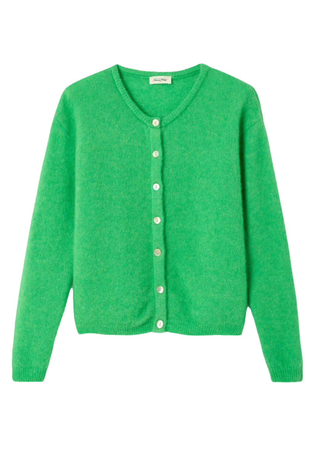 Soft alpaca and wool blend cardigan by American Vintage in jardin chine green. Lightweight, cosy and ideal for everyday layering. Shop at Dotique.
