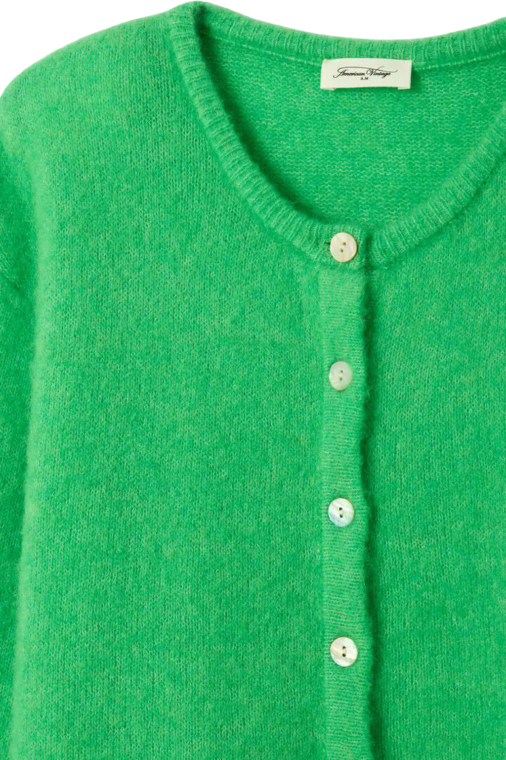 Soft alpaca and wool blend cardigan by American Vintage in jardin chine green. Lightweight, cosy and ideal for everyday layering. Shop at Dotique.