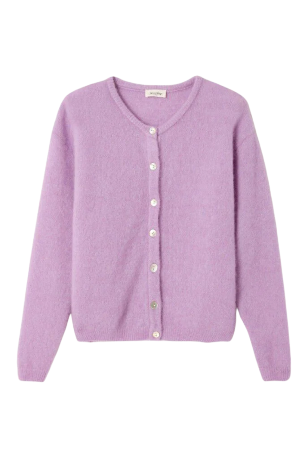 Soft alpaca and wool blend cardigan by American Vintage in lavande chine. Lightweight, cosy and perfect for everyday layering. Shop at Dotique.