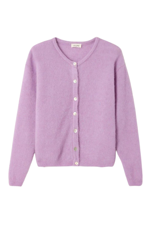 Soft alpaca and wool blend cardigan by American Vintage in lavande chine. Lightweight, cosy and perfect for everyday layering. Shop at Dotique.