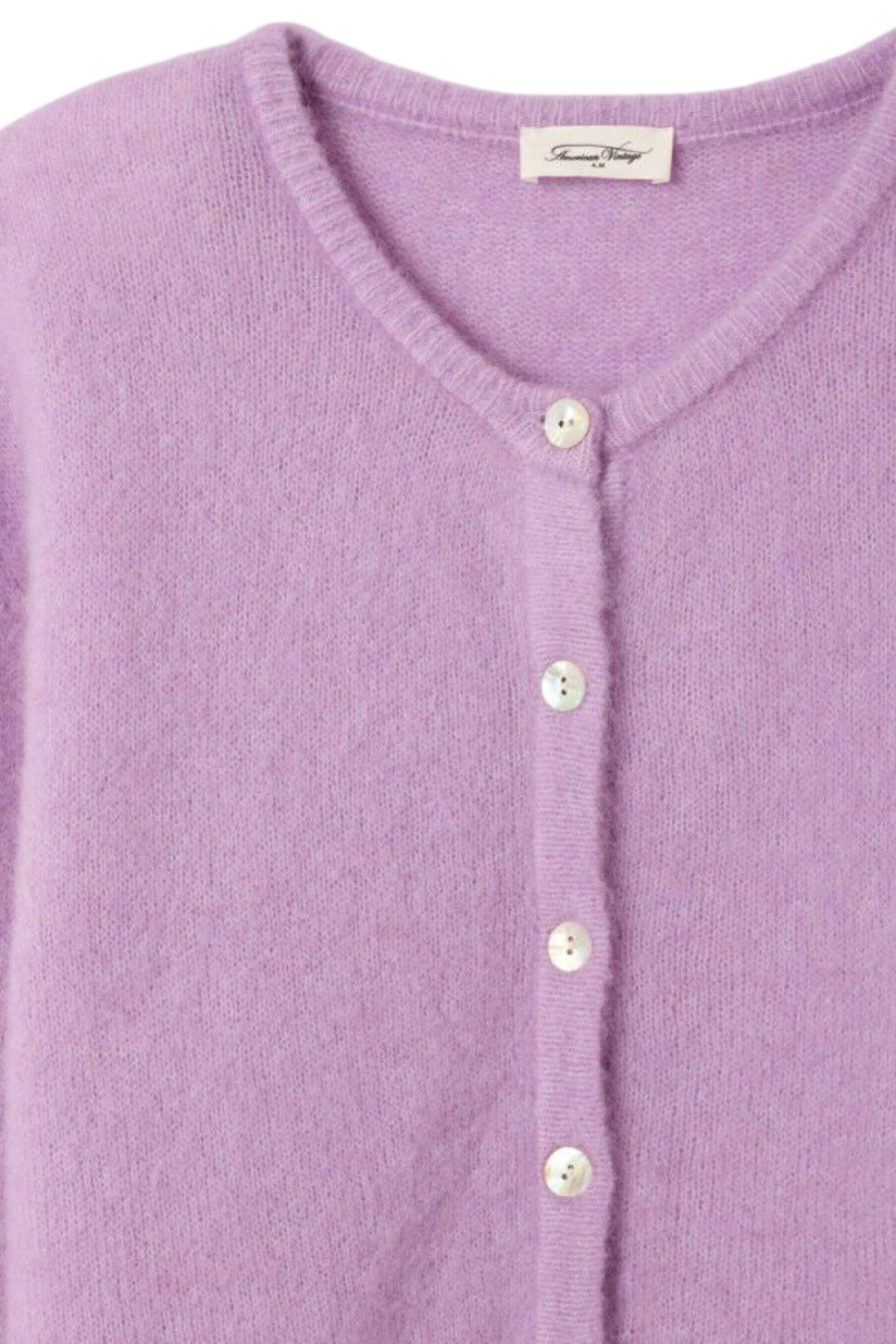 Soft alpaca and wool blend cardigan by American Vintage in lavande chine. Lightweight, cosy and perfect for everyday layering. Shop at Dotique.