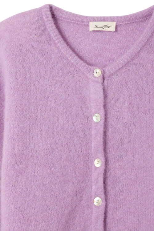 Soft alpaca and wool blend cardigan by American Vintage in lavande chine. Lightweight, cosy and perfect for everyday layering. Shop at Dotique.