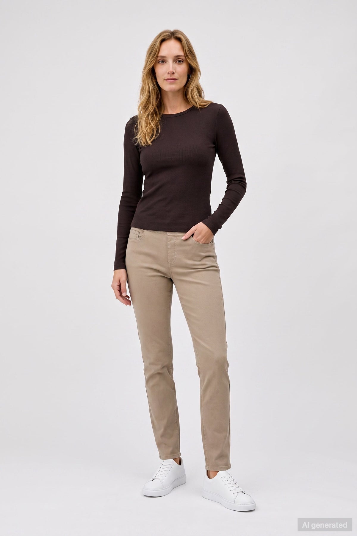 Anna Montana 1001-903 Warm Greige Angelika Jump-In Slim Jeans, full front model view – shop Anna Montana at Dotique