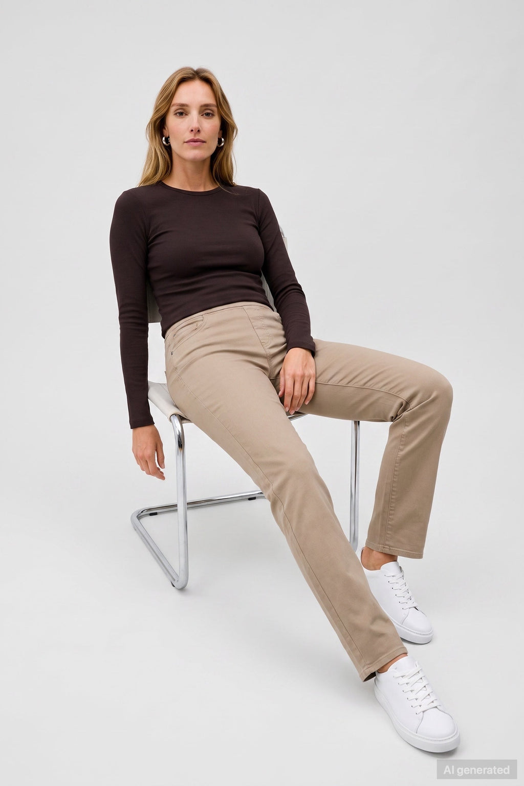 Anna Montana 1001-903 Warm Greige Angelika Jump-In Slim Jeans, seated model view – shop Anna Montana at Dotique