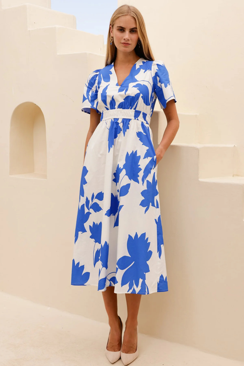 Aspiga Elsa Printed Cotton Midi Dress Ivory Cobalt by aspiga with puff sleeves and elastic waist Shop aspiga at Dotique