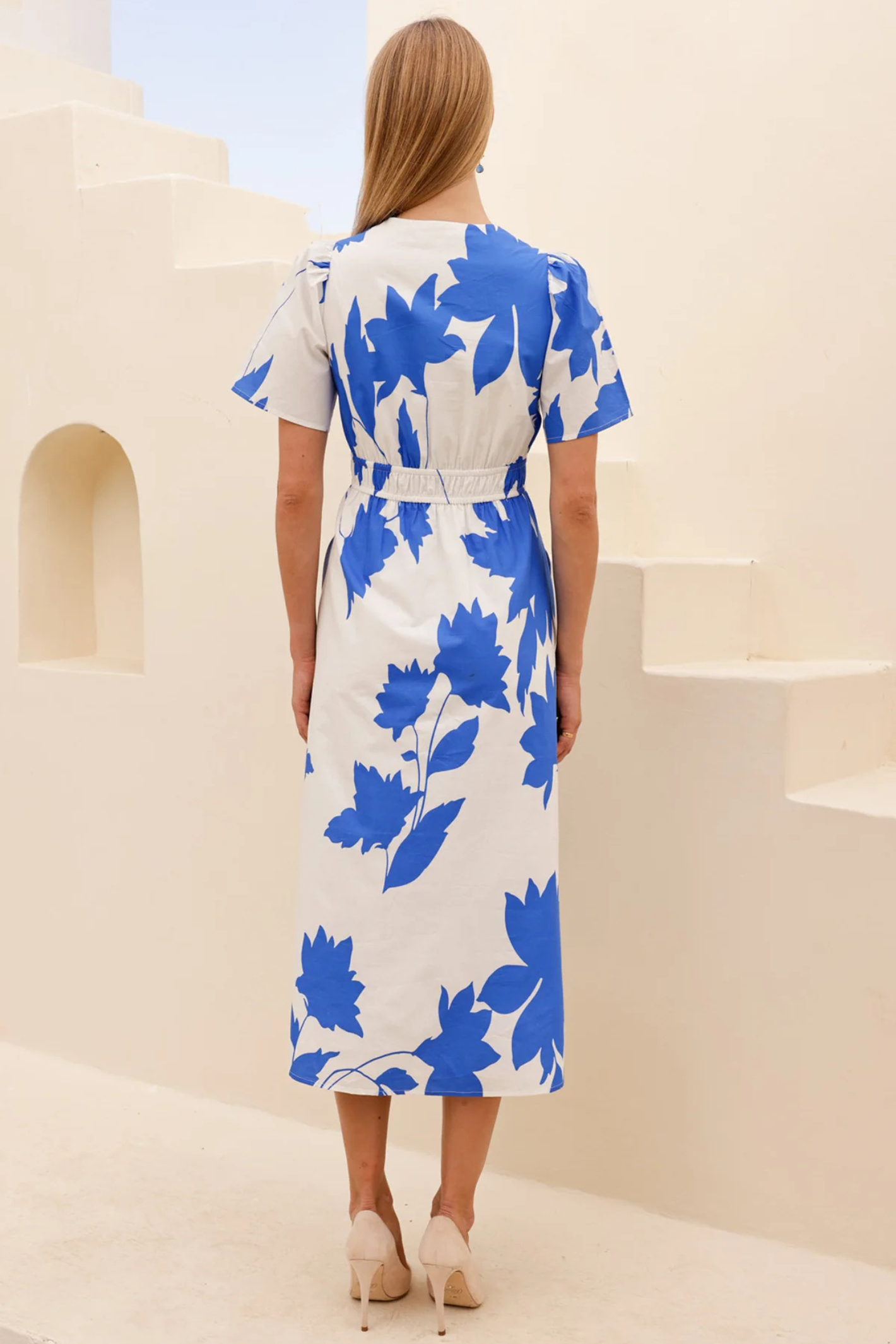 Aspiga Elsa Printed Cotton Midi Dress Ivory Cobalt by aspiga with floral print and elastic waist Shop aspiga at Dotique