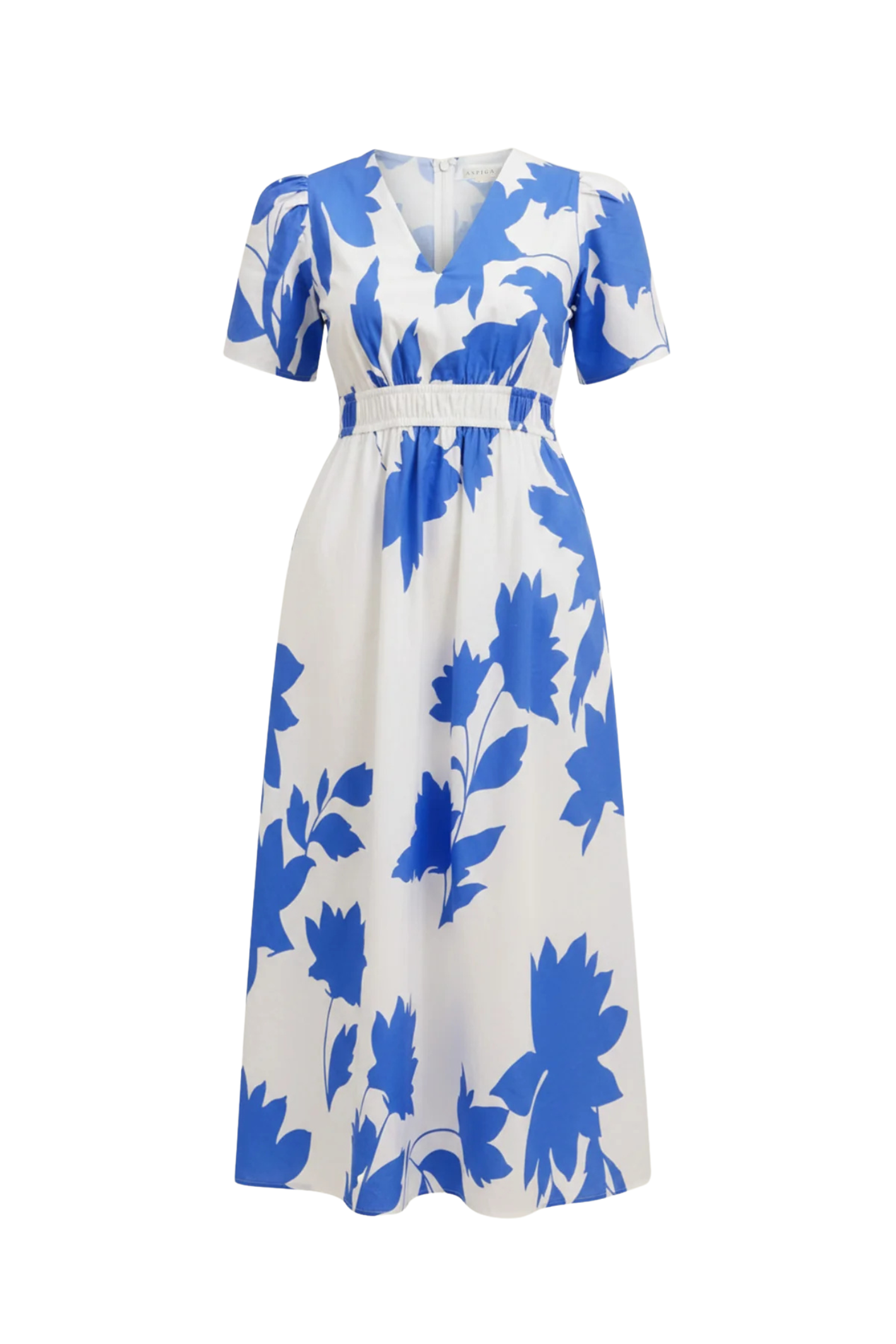 Aspiga Elsa Printed Cotton Midi Dress Ivory Cobalt with blue floral print and short sleeves by aspiga Shop aspiga at Dotique