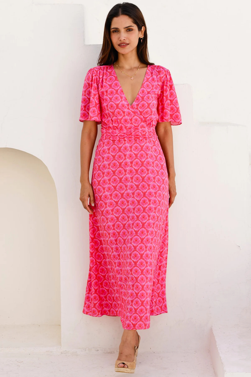 Aspiga Mimi EcoVero Midi Dress Pink Red by aspiga with flutter sleeves and V-neck Shop aspiga at Dotique