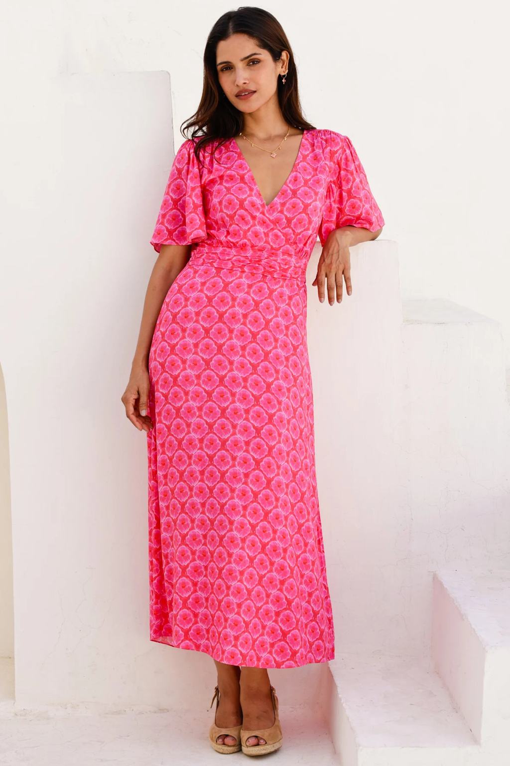Aspiga Mimi EcoVero Midi Dress Pink Red by aspiga with V-neck and puff sleeves Shop aspiga at Dotique