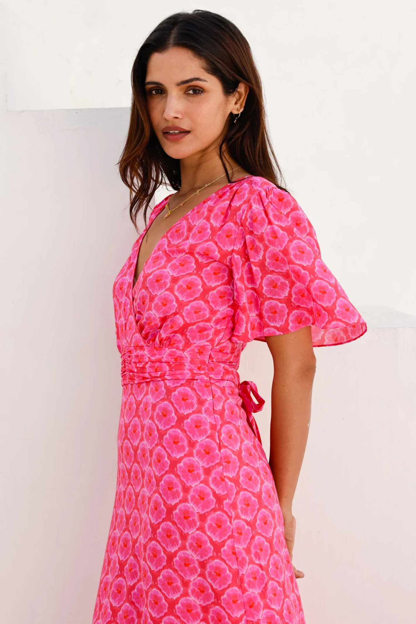Aspiga Mimi EcoVero Midi Dress Pink Red by aspiga with flutter sleeves and floral pattern Shop aspiga at Dotique