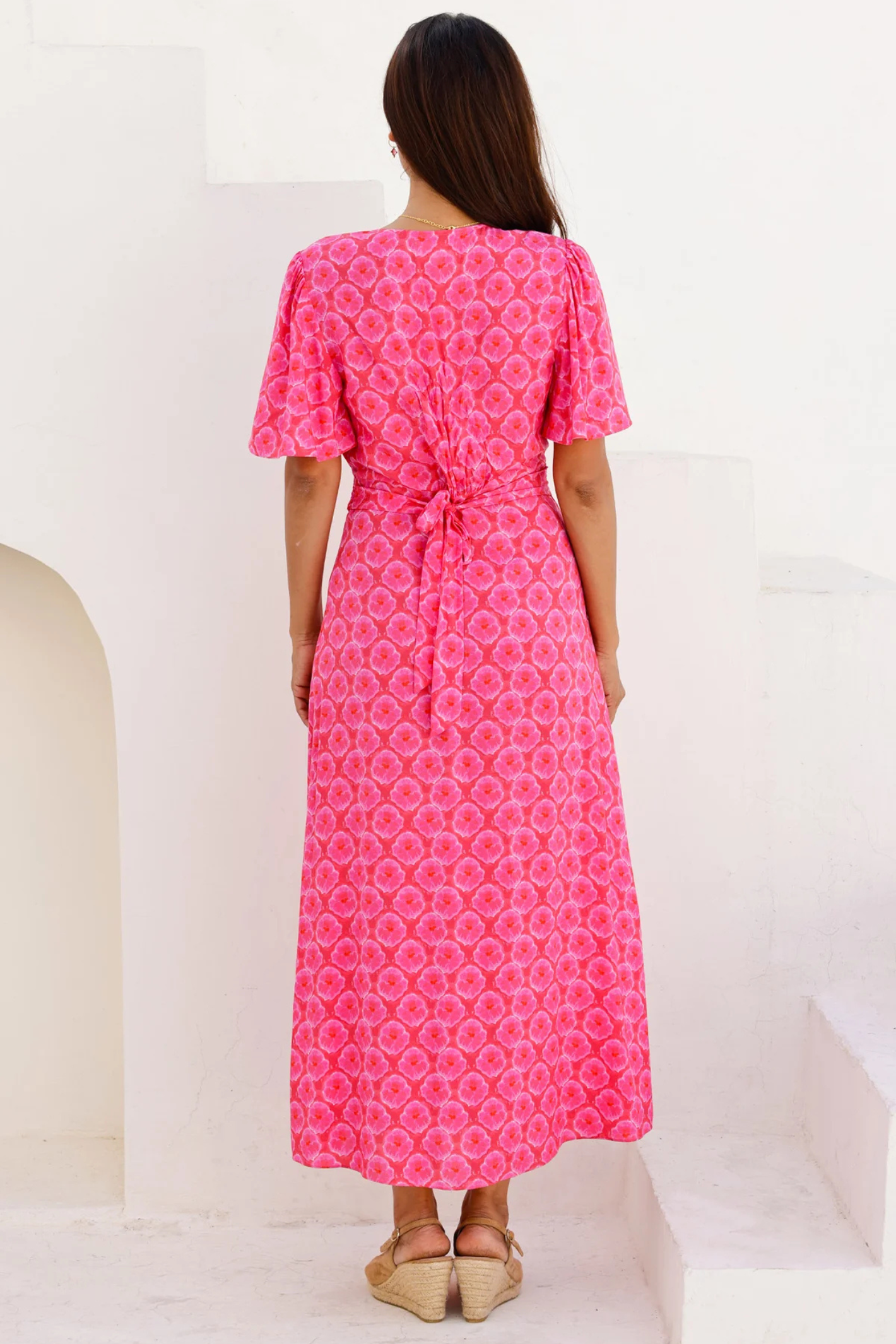 Aspiga Mimi EcoVero Midi Dress Pink Red with tie waist and short sleeves by aspiga Shop aspiga at Dotique