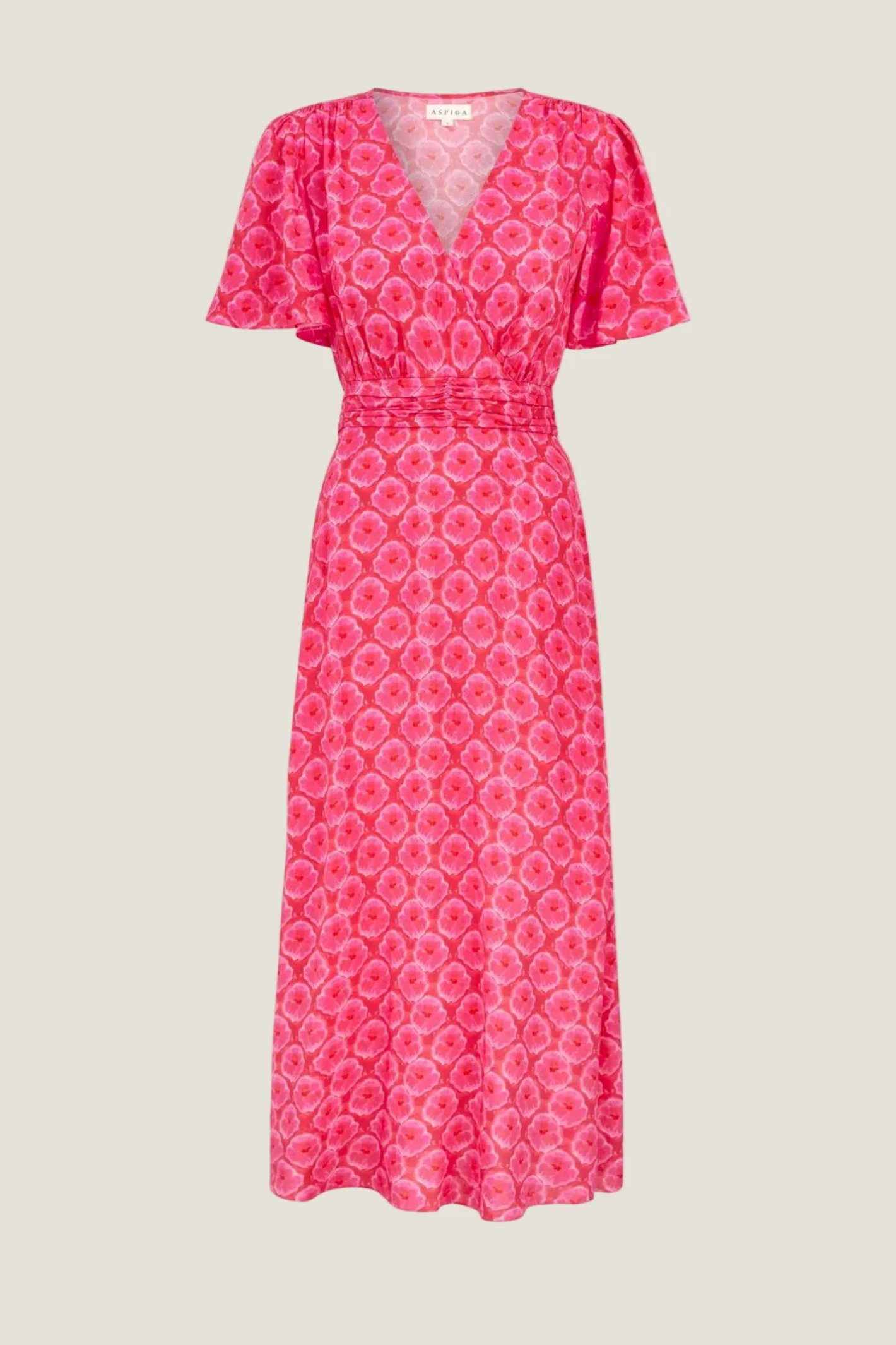 Aspiga Mimi EcoVero Midi Dress Pink Red featuring floral print and flutter sleeves by aspiga Shop aspiga at Dotique