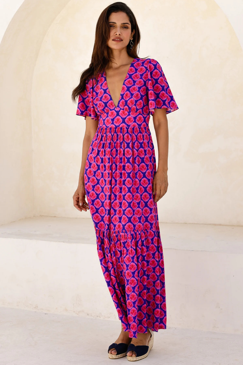 Aspiga Sylvie EcoVero Midaxi Dress Bloom Blue Pink by aspiga with short flutter sleeves and V-neck Shop aspiga at Dotique