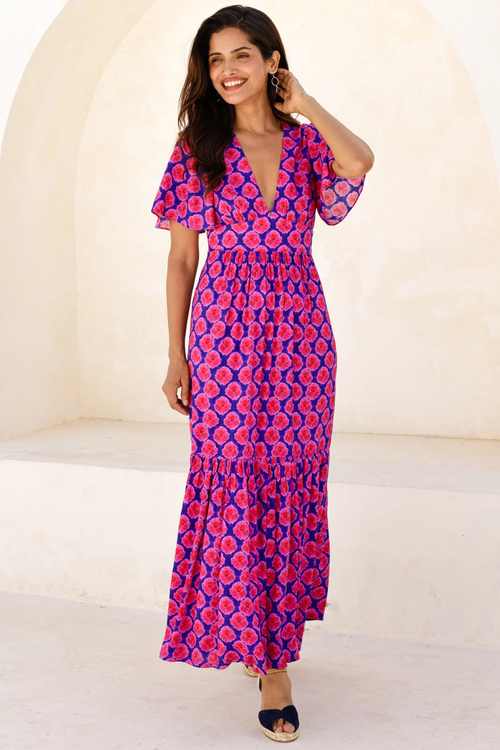 Aspiga Sylvie EcoVero Midaxi Dress Bloom Blue Pink by aspiga with flutter sleeves and deep V-neck Shop aspiga at Dotique