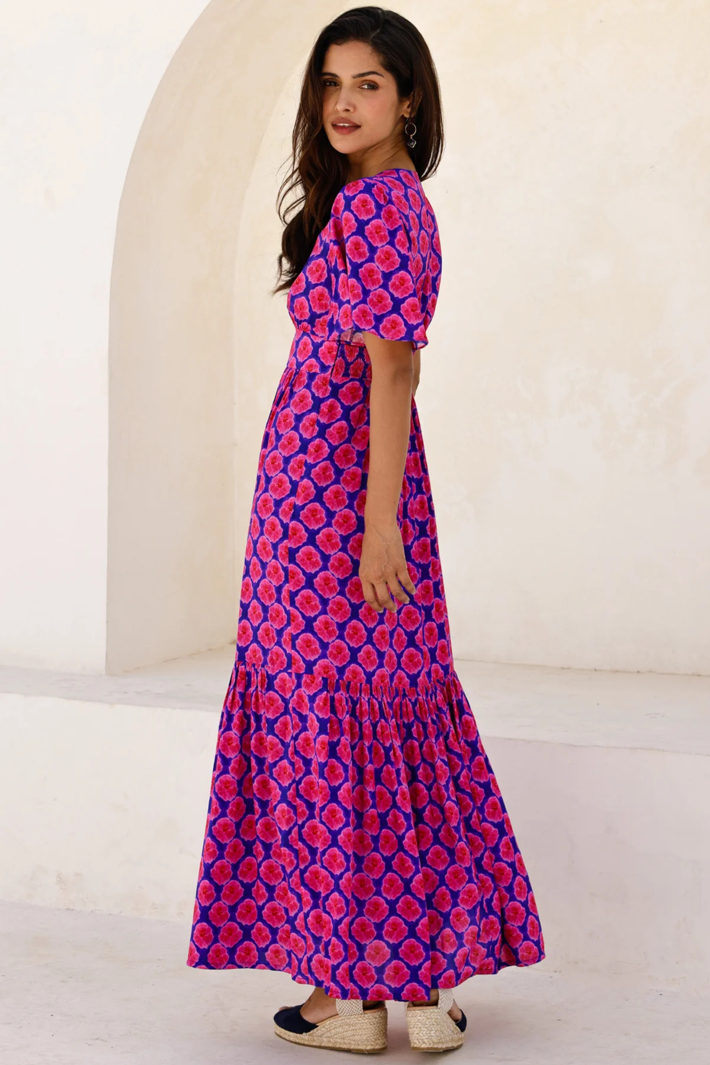 Aspiga Sylvie EcoVero Midaxi Dress Bloom Blue Pink by aspiga with short sleeves and floral print Shop aspiga at Dotique