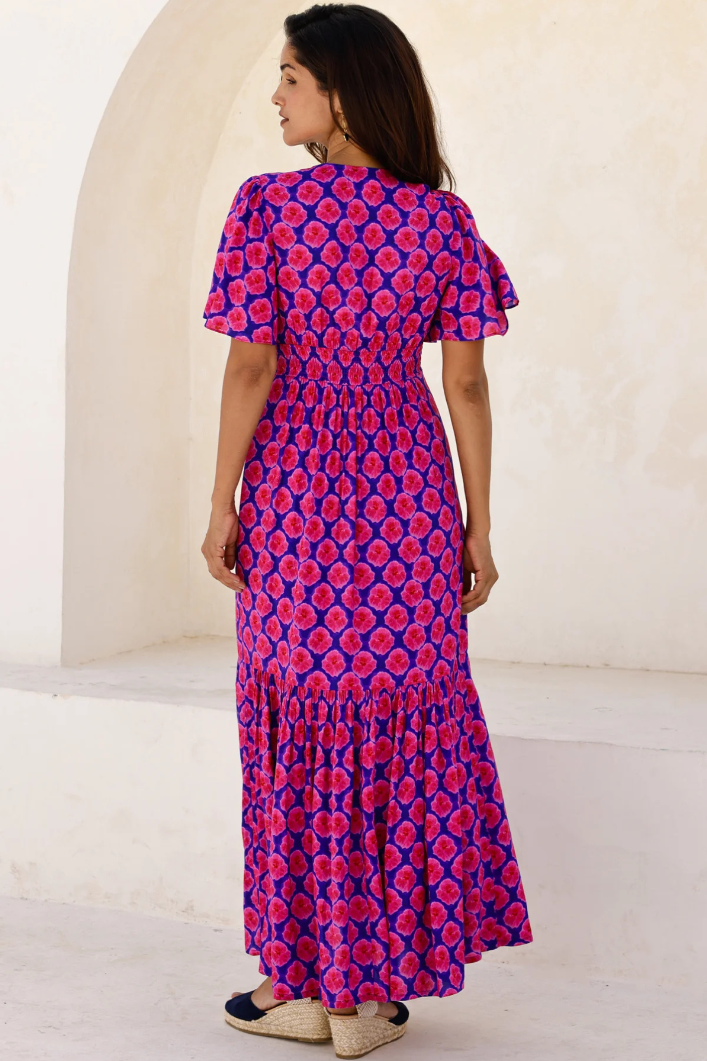 Aspiga Sylvie EcoVero Midaxi Dress Bloom Blue Pink by aspiga featuring flutter sleeves and gathered skirt Shop aspiga at Dotique