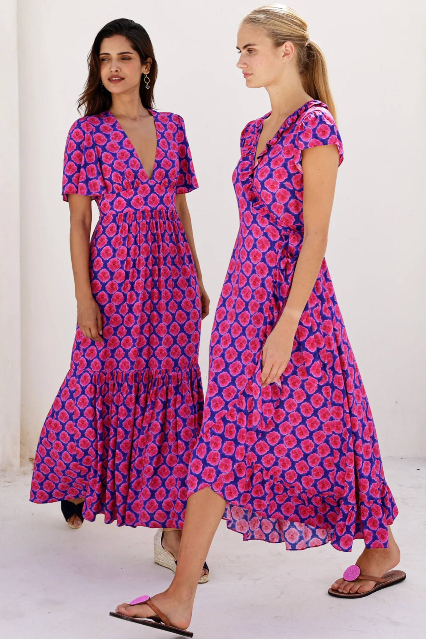 Aspiga Sylvie EcoVero Midaxi Dress Bloom Blue Pink by aspiga with floral pattern and V-neck Shop aspiga at Dotique