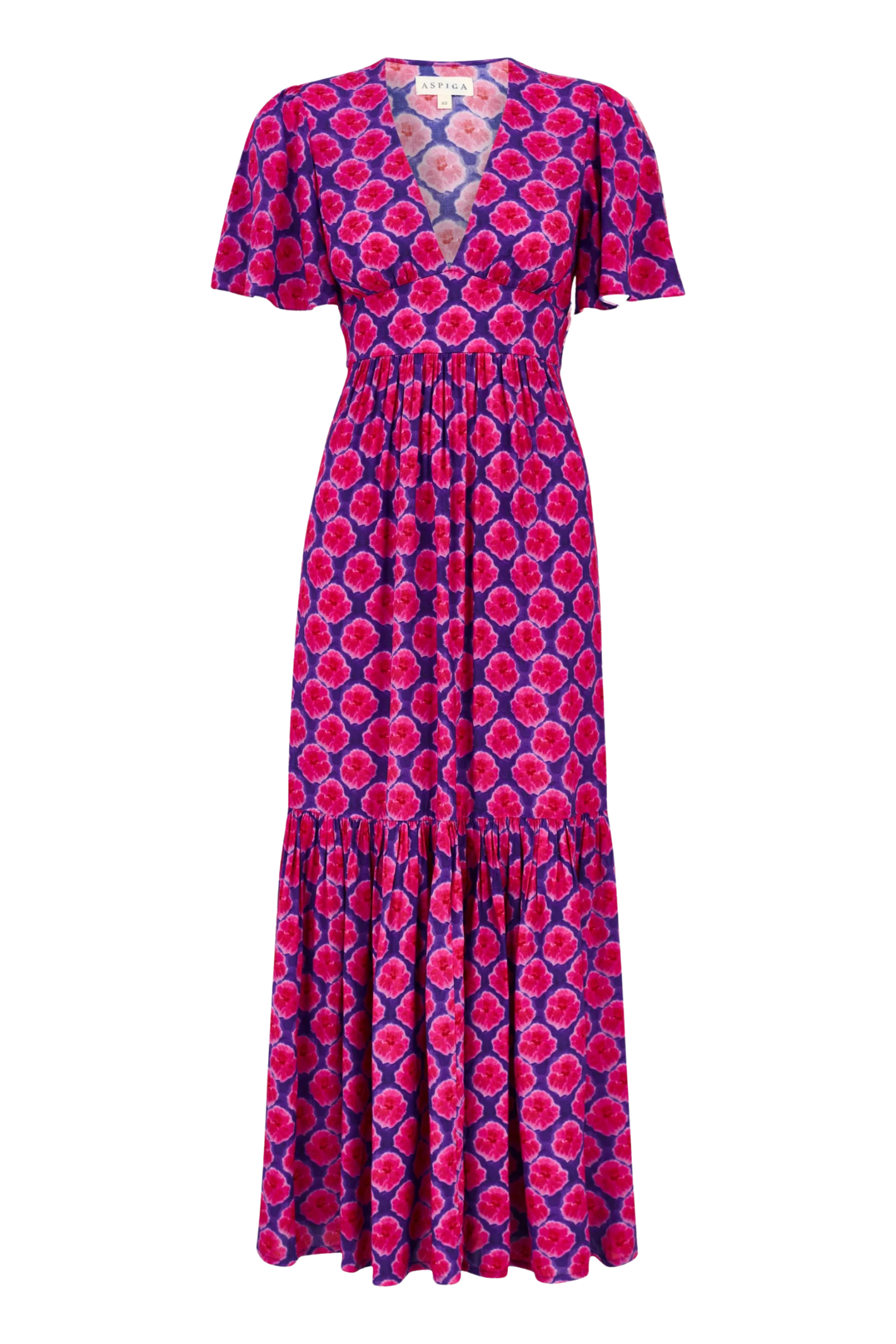 Aspiga Sylvie EcoVero Midaxi Dress Bloom Blue Pink by aspiga with V-neck and gathered skirt Shop aspiga at Dotique