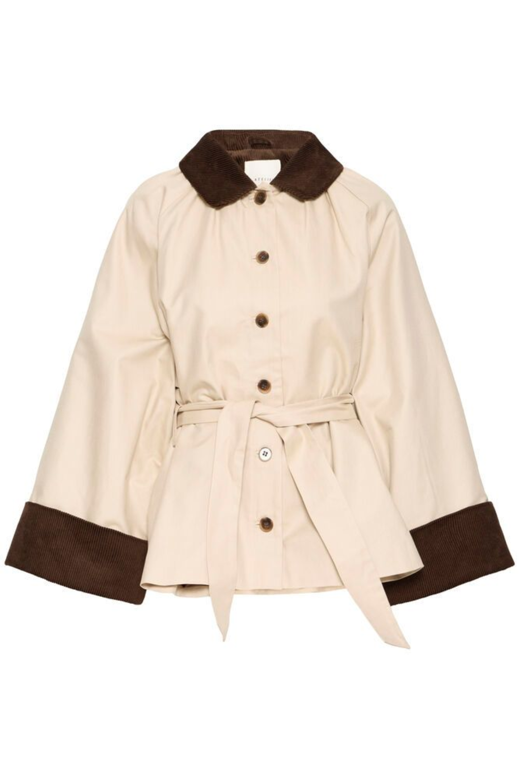 Relaxed woven jacket by Atelier Rêve in a soft humus shade. Cotton and lyocell blend, long sleeves and effortless everyday style at Dotique.