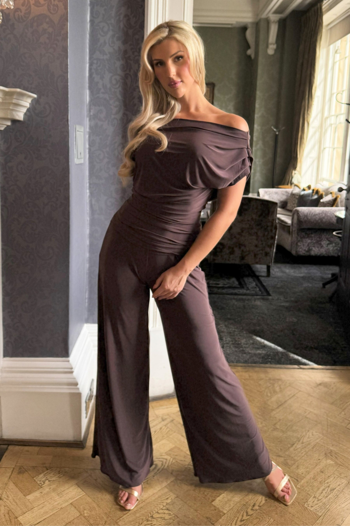 Atom Label Carbon Jumpsuit in Chocolate – off-shoulder wide-leg jumpsuit in stretch jersey, AW25 collection at Dotique.