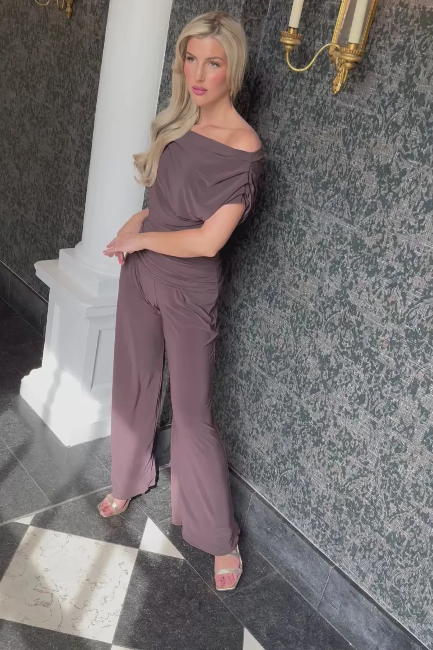 Atom Label Carbon Jumpsuit in Chocolate – off-shoulder wide-leg jumpsuit in stretch jersey, AW25 collection at Dotique.
