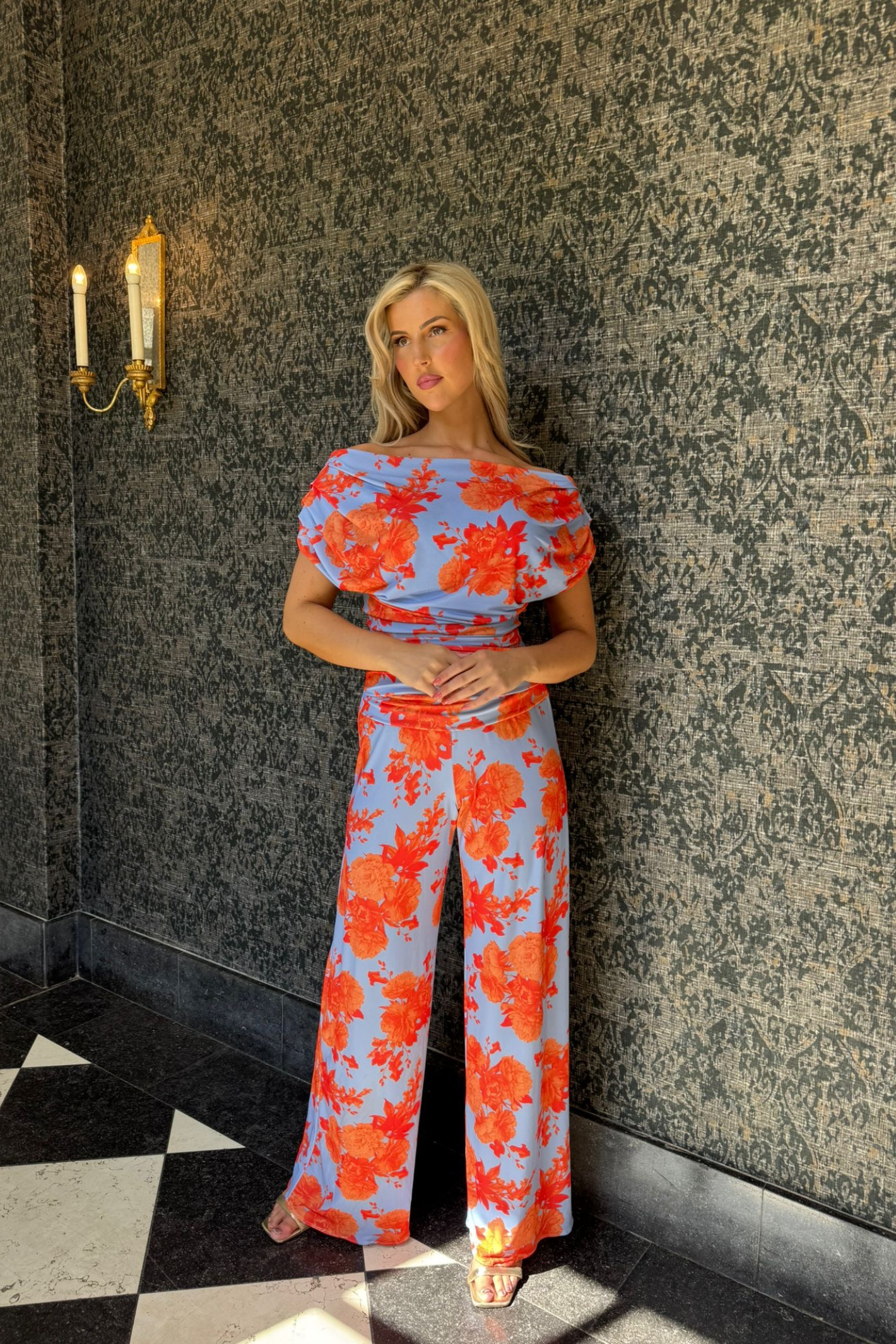 Atom Label Carbon Jumpsuit in Pale Blue & Orange Floral