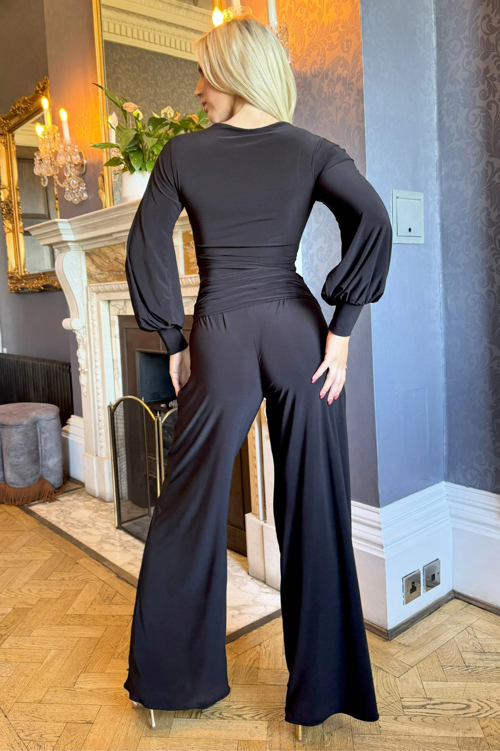 Atom Label Indium Jumpsuit with Bell Sleeve in Black