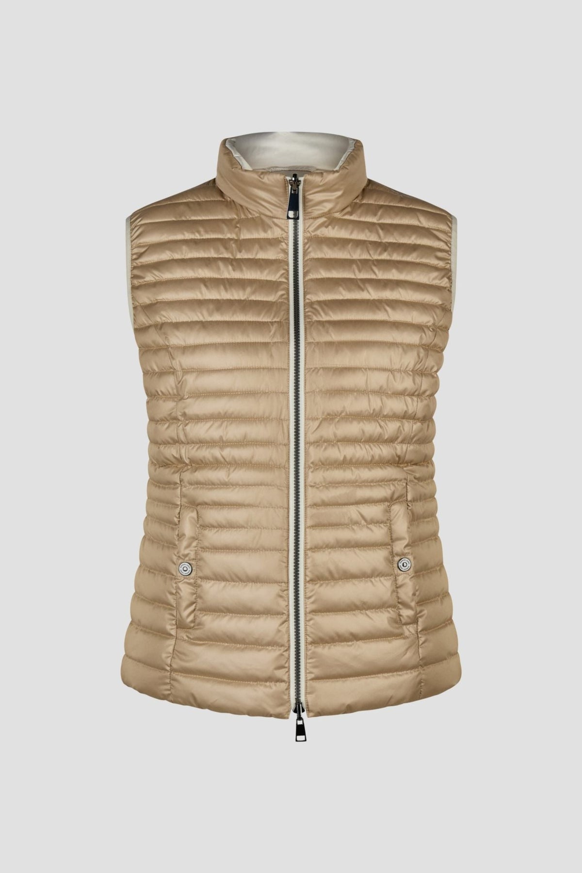 Barbara Lebek 11090062 reversible gilet in Beige – beige side, front view. Shop Barbara Lebek at Dotique.