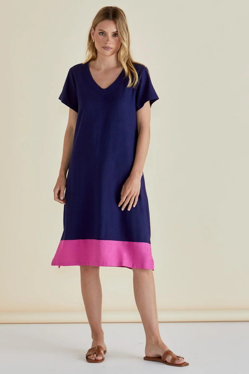 Dotique Betty Basics BB8390 Elwood Dress in navy and pink with V-neck
