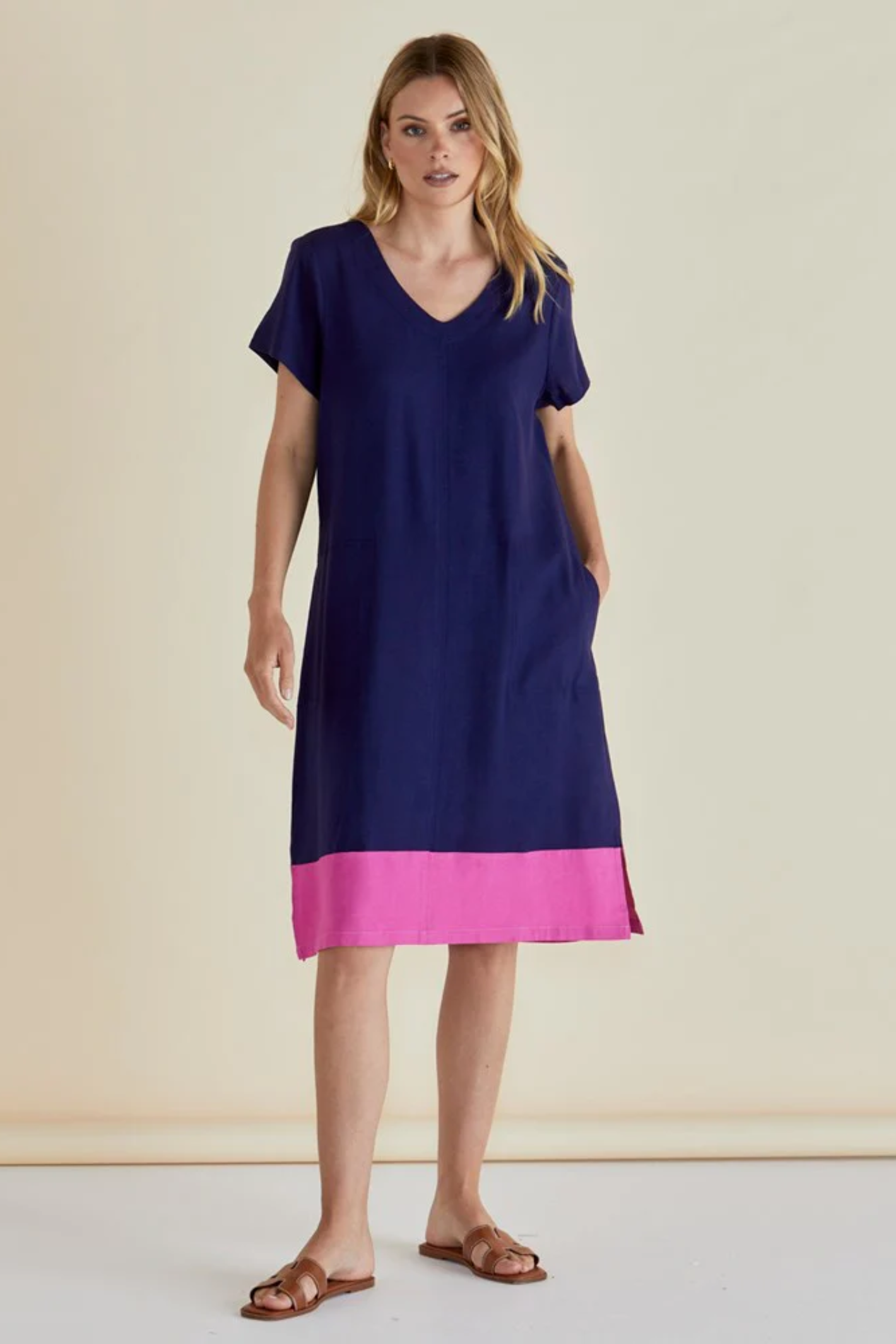 Dotique Betty Basics BB8390 Elwood Dress in navy and pink with V-neck