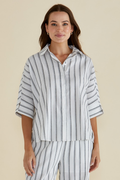 Woman wearing Betty Basics BB8435 Black/White Stripe Lynwood Linen Shirt by Betty Basics Shop Betty Basics at Dotique