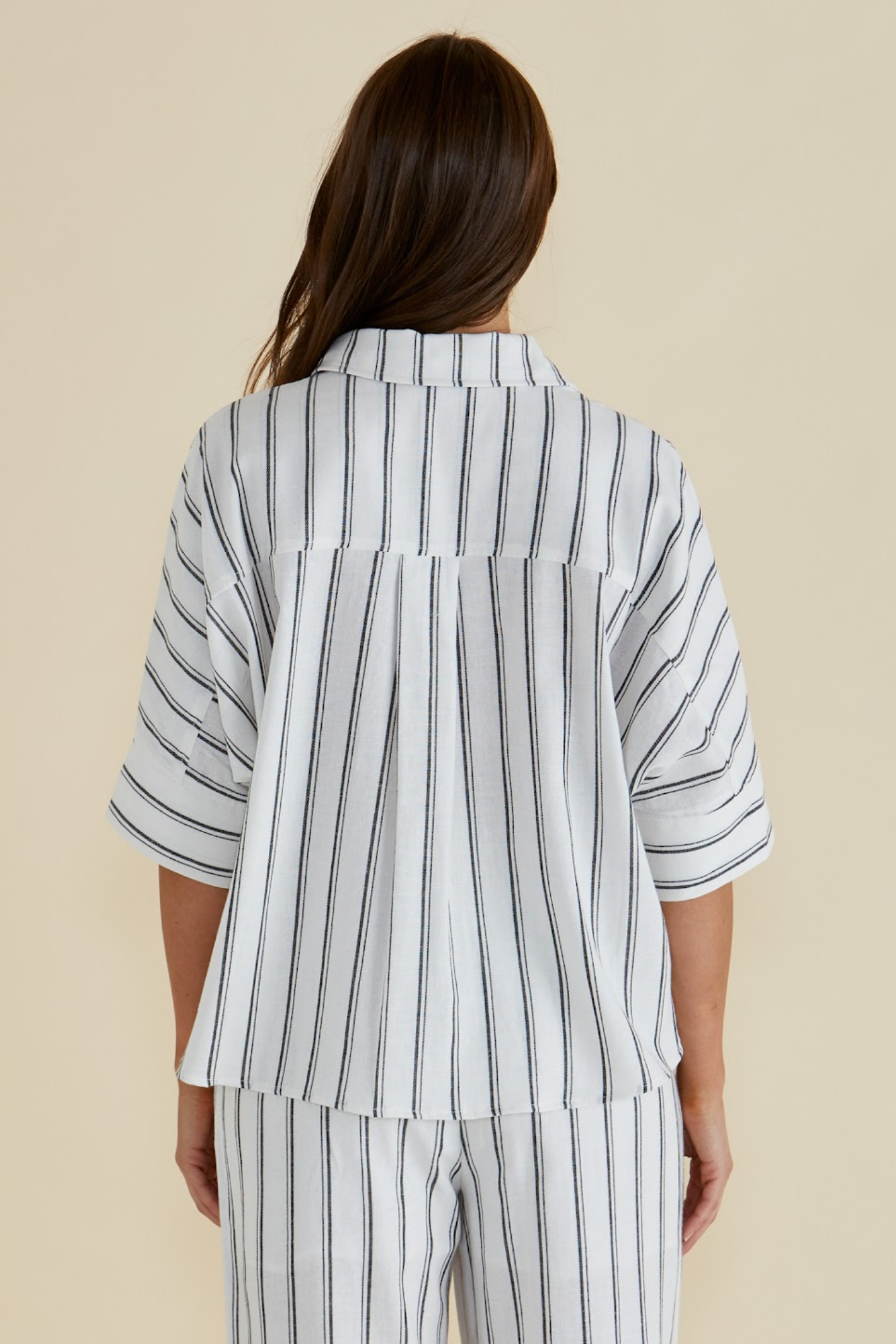 Betty Basics BB8435 Black/White Stripe Lynwood Linen Shirt by Betty Basics shown from back, shop Betty Basics at Dotique.
