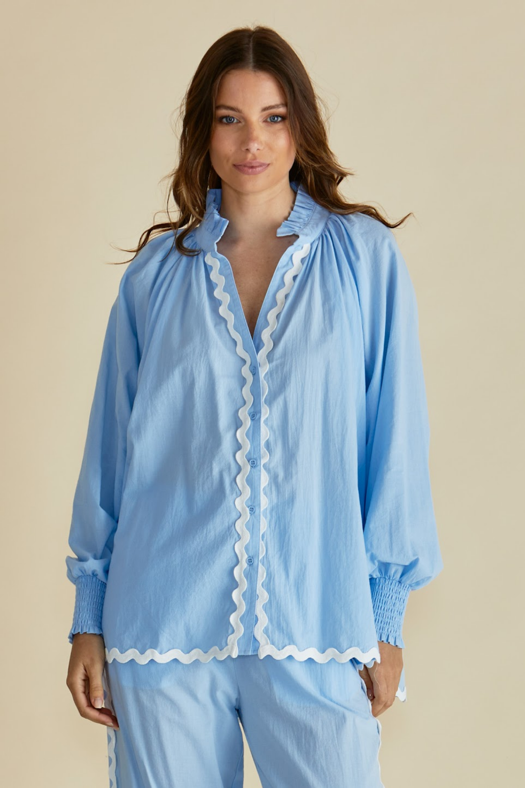 Dotique Betty Basics BB8500 Romi Shirt in blue with ric rac trim, frill collar and long sleeves