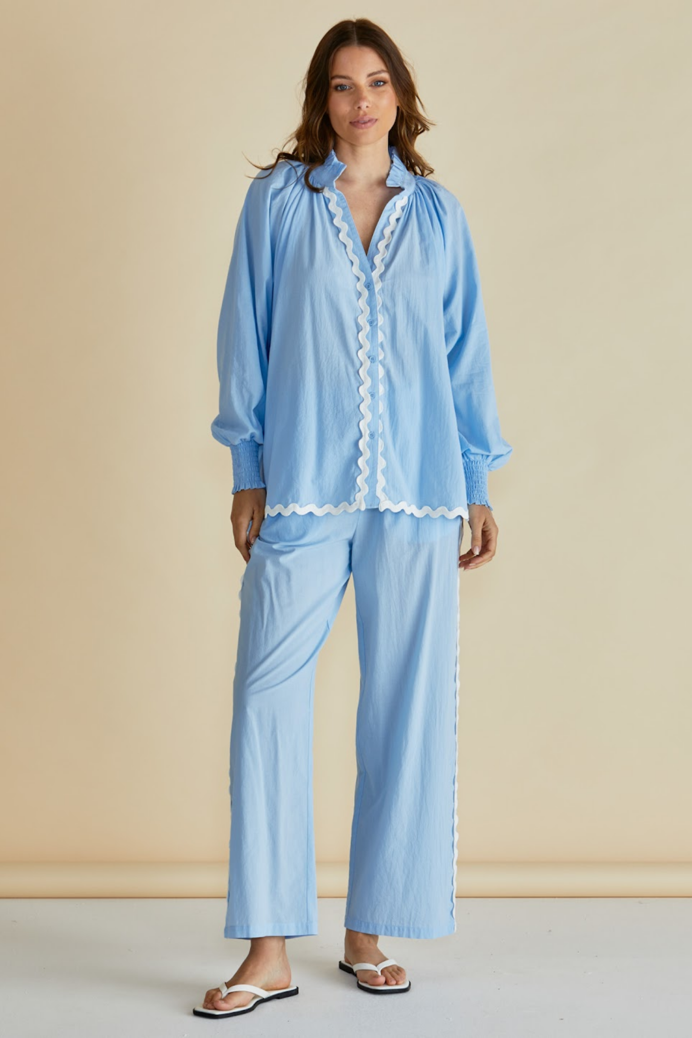 Dotique Betty Basics BB8500 Romi Shirt in blue with ric rac trim, frill collar and long sleeves
