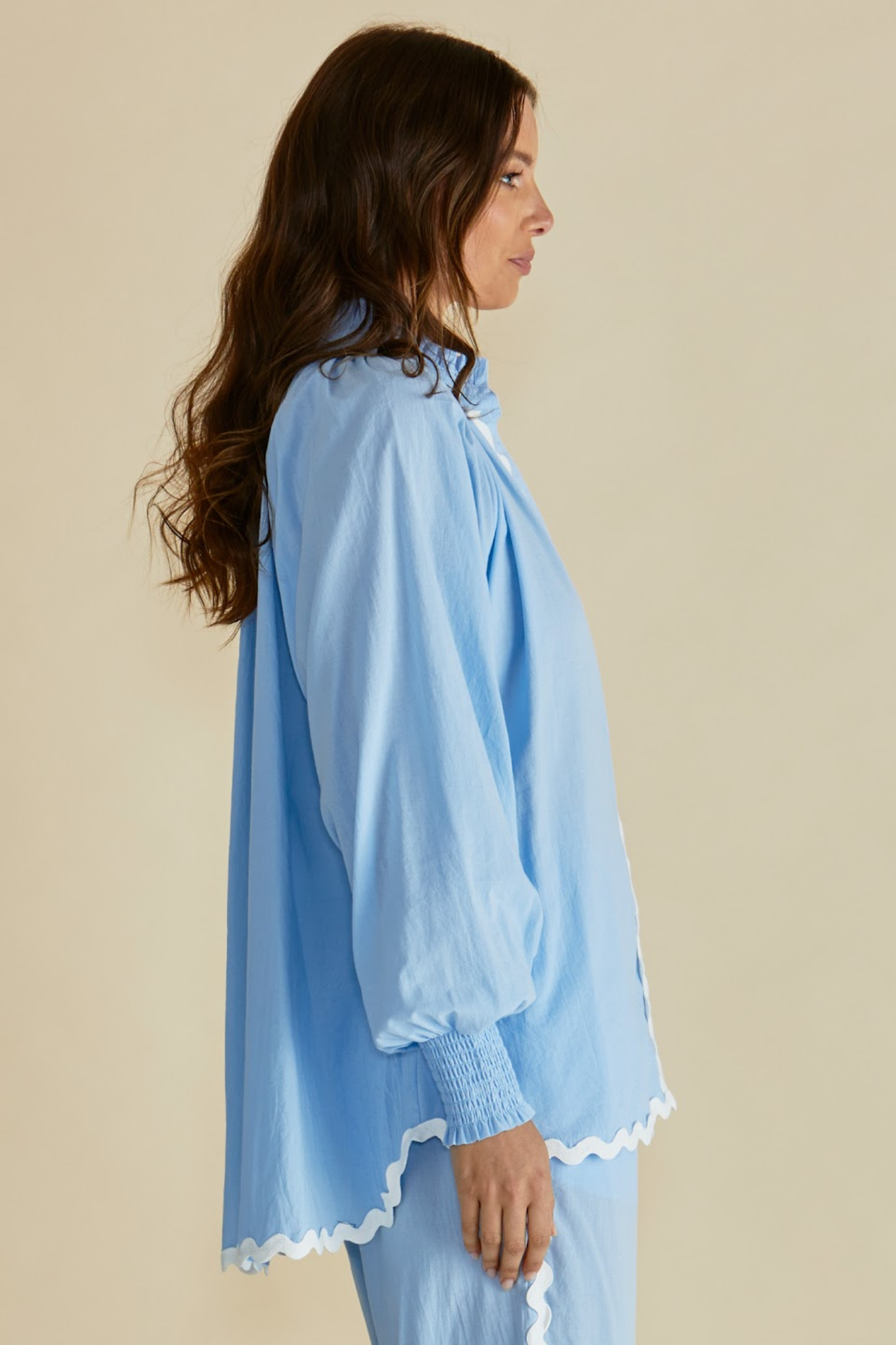 Dotique Betty Basics BB8500 Romi Shirt in blue with ric rac trim, frill collar and long sleeves