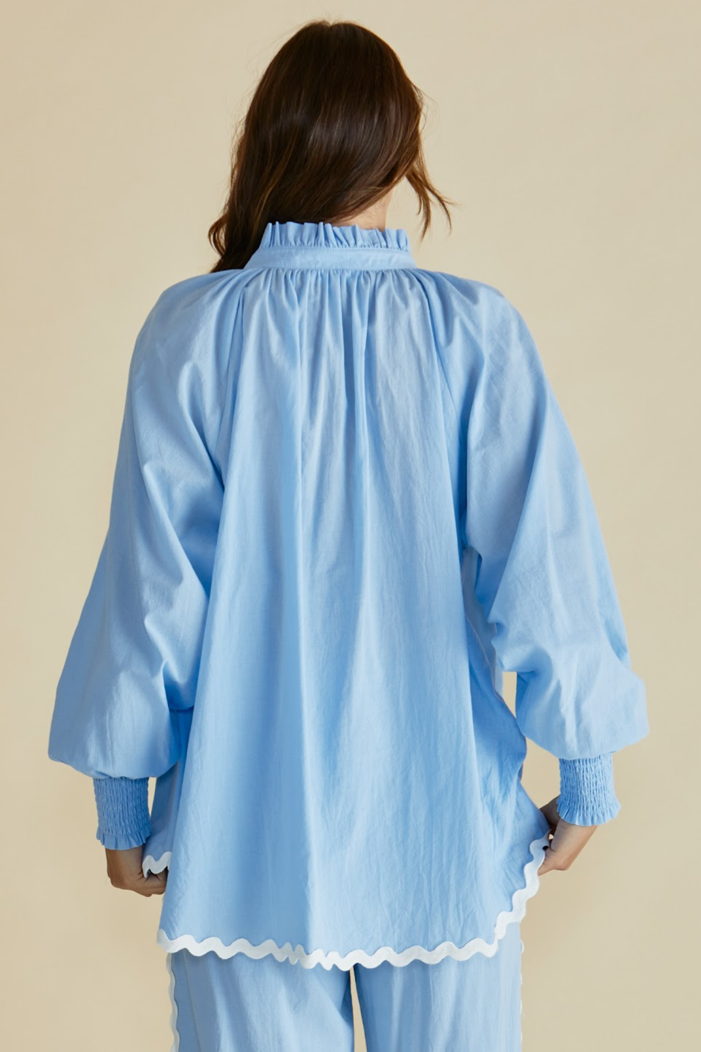 Dotique Betty Basics BB8500 Romi Shirt in blue with ric rac trim, frill collar and long sleeves