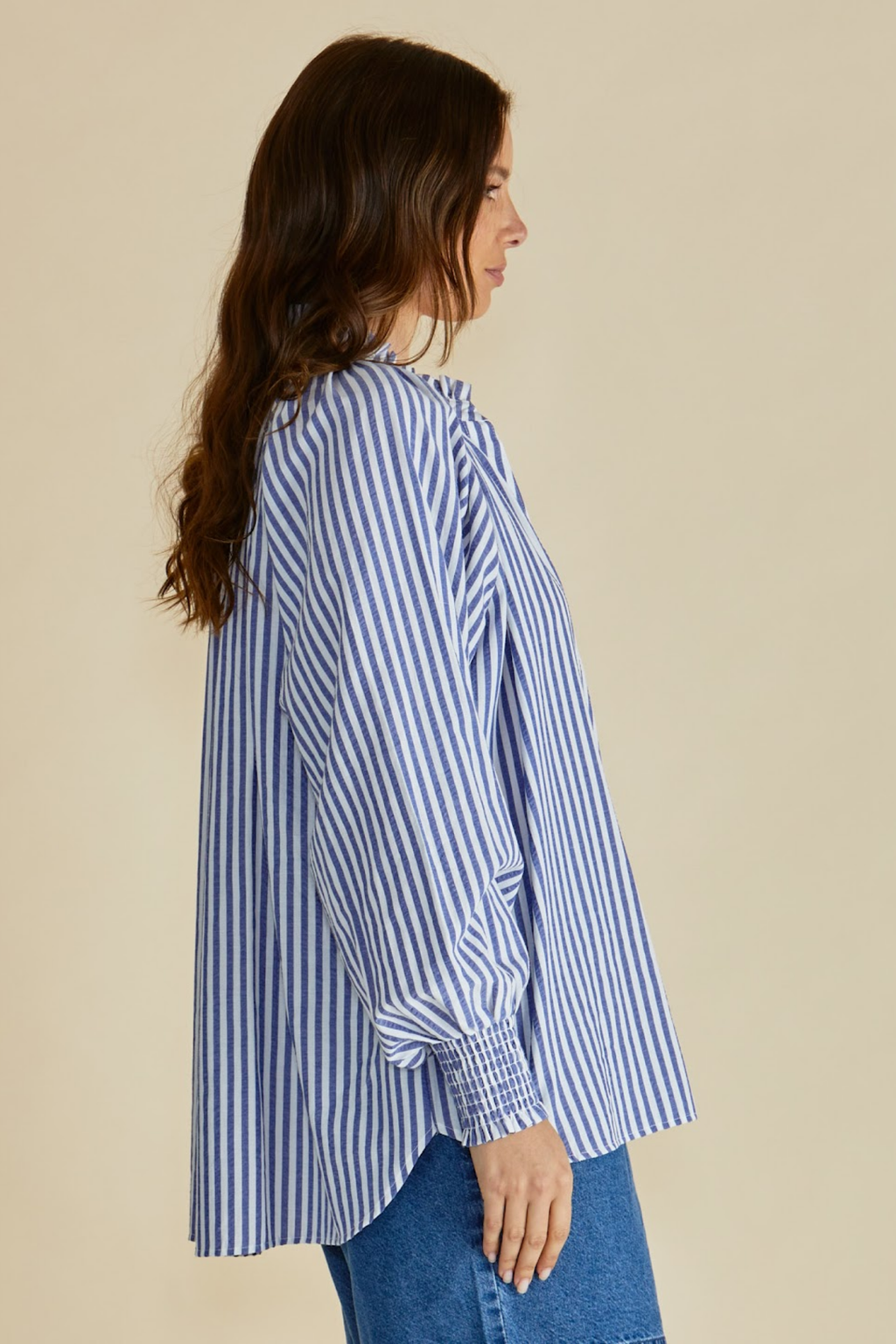 Dotique Betty Basics BB8500 Romi Shirt in navy stripe with frill collar and long sleeves